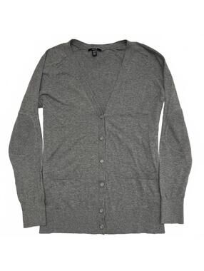 Jacob Grey V Neck Buttoned Cardigan W Elbow Patch & Fake Pockets 100% Cotton XS